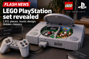Illustration of a LEGO-style PlayStation and controller, with an open lid revealing Gran Turismo and Ape Escape scenes.