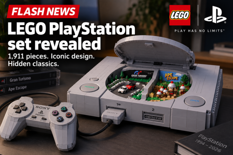 Illustration of a LEGO-style PlayStation and controller, with an open lid revealing Gran Turismo and Ape Escape scenes.