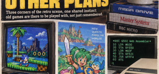 “The Past Has Other Plans” collage showing a Mega Drive controller and CRT, a fantasy RPG hero, and a BBC Micro with code on screen.