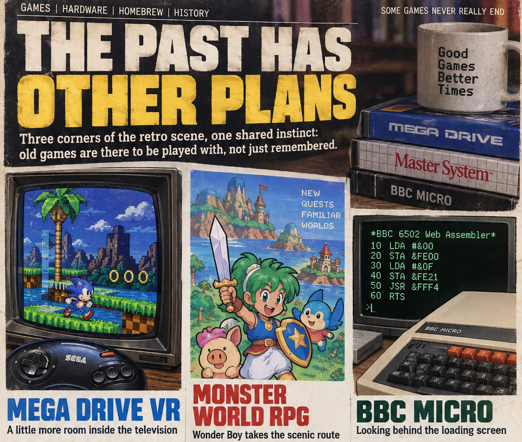 “The Past Has Other Plans” collage showing a Mega Drive controller and CRT, a fantasy RPG hero, and a BBC Micro with code on screen.