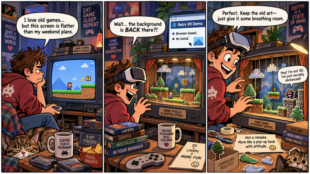 Three-panel comic showing a retro gamer watching a flat 16-bit game become a layered cardboard theatre inside a CRT while wearing a VR headset.