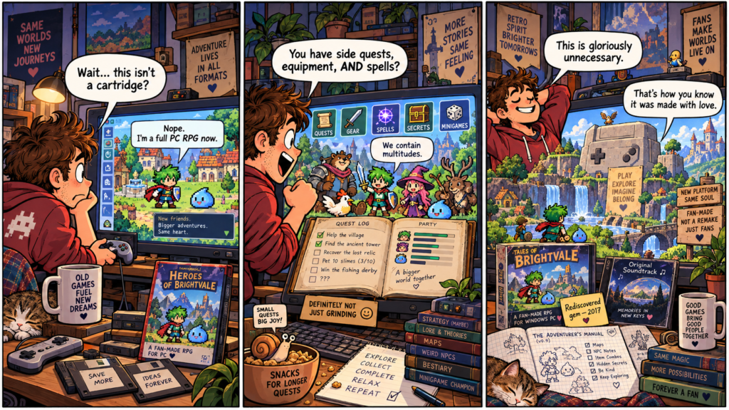 Three-panel comic showing a retro gamer discovering a fan-made fantasy RPG with quests, party members, spells, secrets and a giant retro console monument.