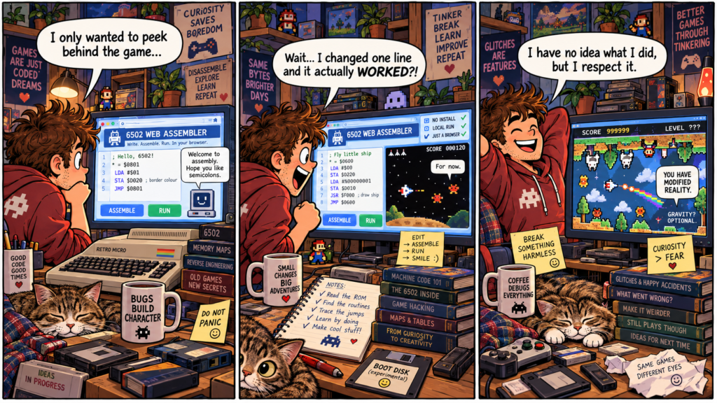 Three-panel comic showing a retro gamer using a BBC Micro 6502 web assembler, changing code, running a game, and accidentally creating funny glitches.