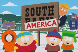 Satirical cartoon showing the South Park sign changed to “South America,” with the main characters and a Trump-like figure in the background.
