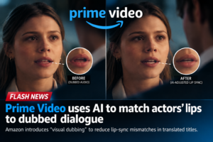 Split-screen illustration of a woman’s face with simulated lip-sync changes, magnified mouth details and Prime Video branding.
