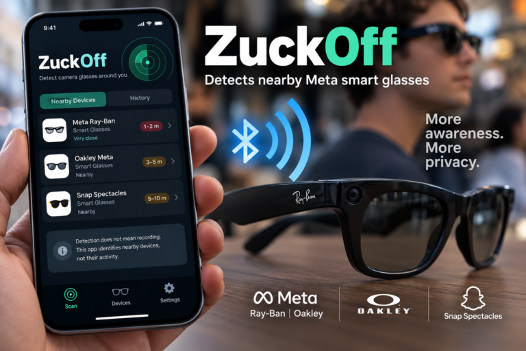 Conceptual ZuckOff app screen on a smartphone beside black camera-equipped glasses and a glowing Bluetooth symbol.