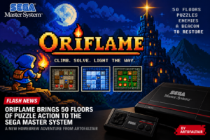 Oriflame-inspired pixel art showing a hooded hero with a torch, a beacon-lit tower and a Sega Master System console.