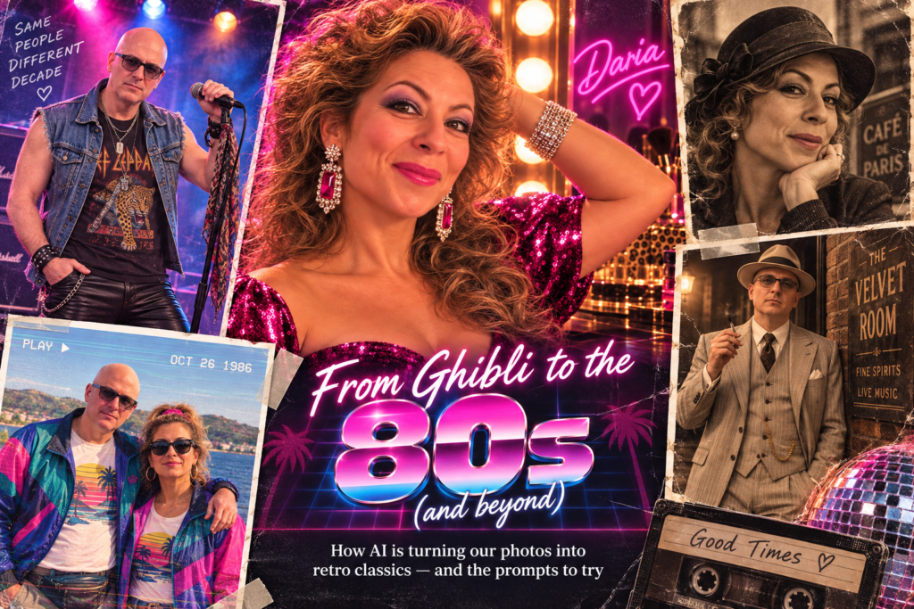 AI-generated collage of 1980s glamour and 1920s portraits, with the headline “From Ghibli to the 80s (and beyond)”.