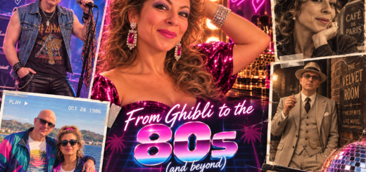 AI-generated collage of 1980s glamour and 1920s portraits, with the headline “From Ghibli to the 80s (and beyond)”.