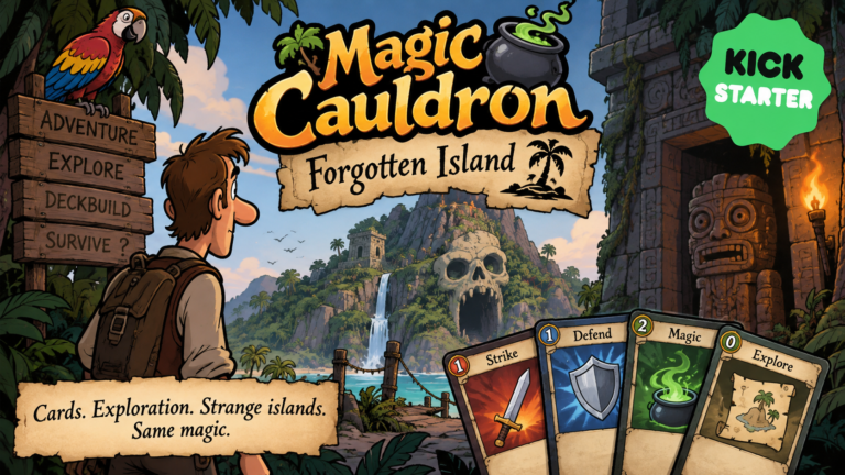 Magic Cauldron: Forgotten Island artwork showing an explorer approaching a mysterious tropical island with ruins, a skull-shaped mountain and deckbuilding cards.