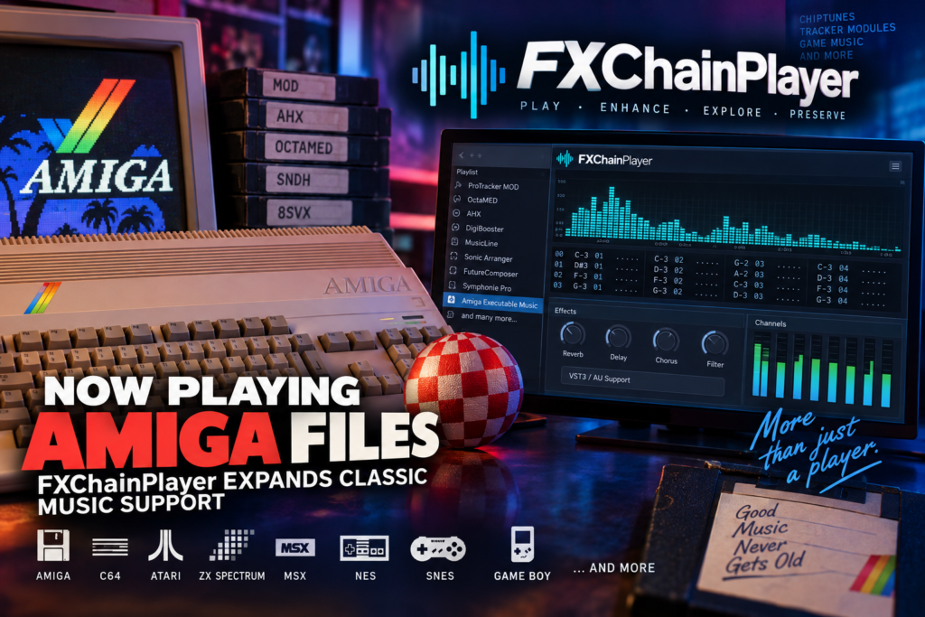 Amiga computer beside an illustrated FXChainPlayer interface, with audio visualisers, vintage floppy disks and a red-and-white Boing Ball.