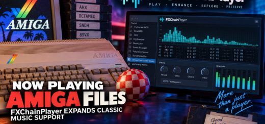 Amiga computer beside an illustrated FXChainPlayer interface, with audio visualisers, vintage floppy disks and a red-and-white Boing Ball.