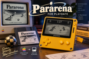 Yellow Playdate beside a vintage Macintosh, both showing imagined Pararena gameplay, with a labelled floppy disk and a chequered ball.