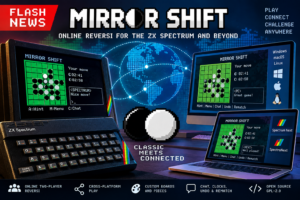 Mirror Shift artwork showing retro and modern computers displaying Reversi boards around a glowing, connected globe.