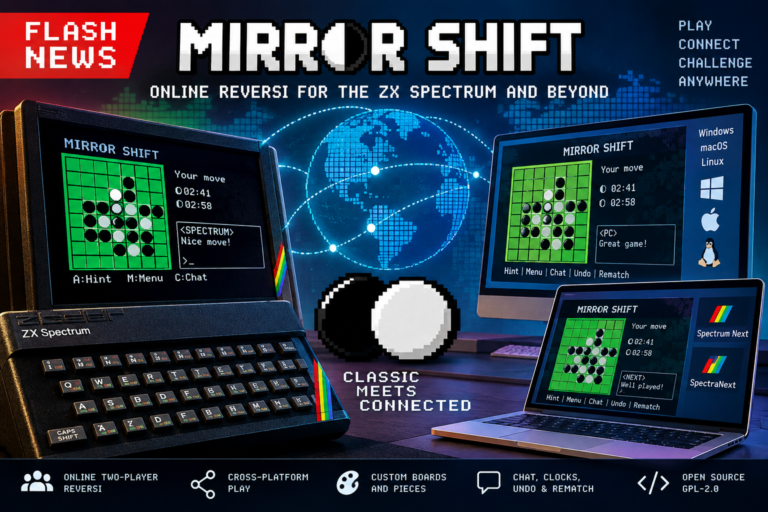 Mirror Shift artwork showing retro and modern computers displaying Reversi boards around a glowing, connected globe.