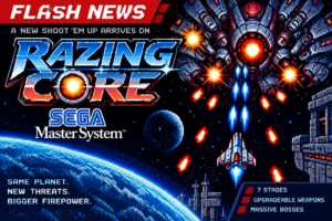 Pixel-art space battle from Razing Core, a new vertical shoot ’em up for the Sega Master System.