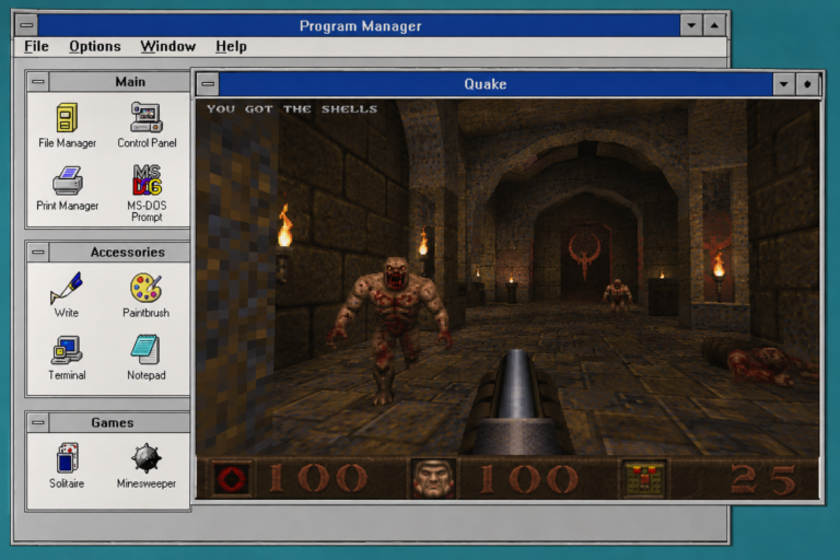 Quake running in a window on a Windows 3.1 desktop using the Program Manager interface.
