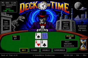 Retro pixel-art blackjack table from Deck of Time, surrounded by clocks, time portals and historical imagery in an MS-DOS-style interface.