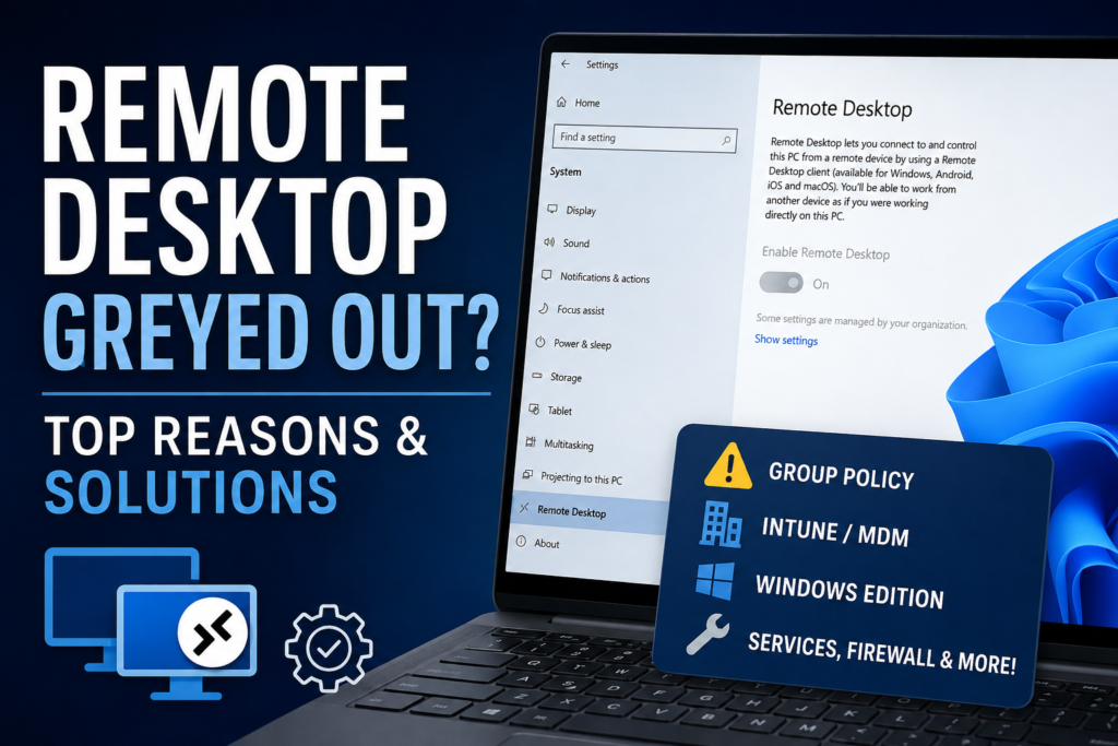 Windows Remote Desktop settings greyed out, with Group Policy, Intune, Windows edition, services and firewall shown as possible causes.