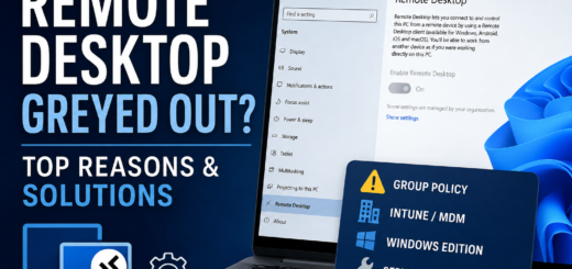 Windows Remote Desktop settings greyed out, with Group Policy, Intune, Windows edition, services and firewall shown as possible causes.