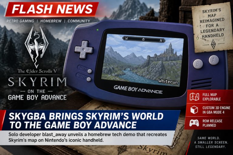 Illustration of a purple Game Boy Advance displaying a Skyrim-inspired landscape, with mountain scenery and SkyGBA news headlines.