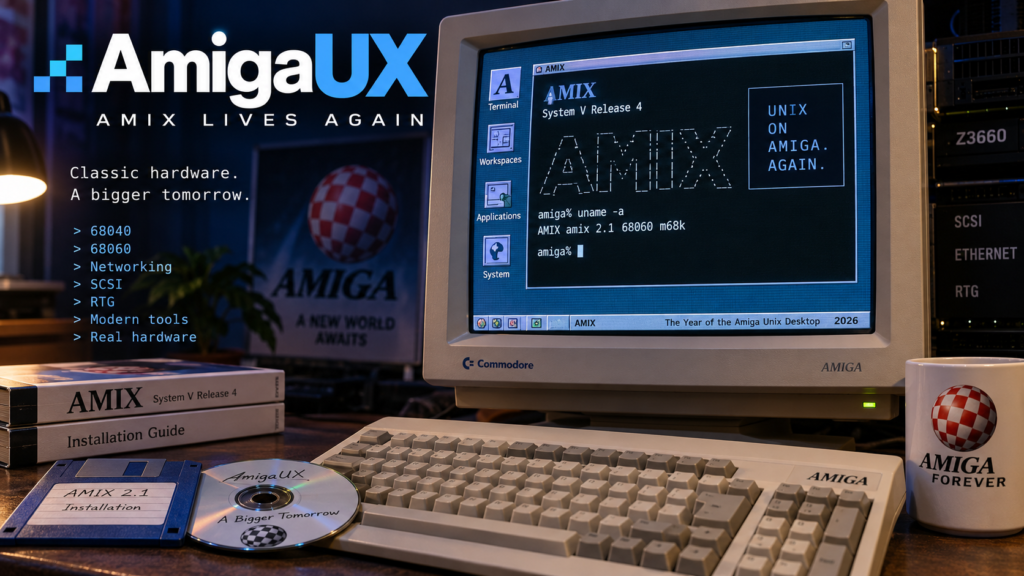 AmigaUX featured image showing a classic Commodore Amiga workstation running AMIX System V Release 4, highlighting modern 68040 and 68060 support.