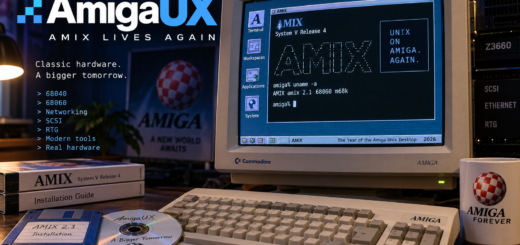 AmigaUX featured image showing a classic Commodore Amiga workstation running AMIX System V Release 4, highlighting modern 68040 and 68060 support.