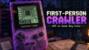 Retro-style Game Boy Color displaying a first-person dungeon crawler with pixel-art corridors and RPG interface elements.