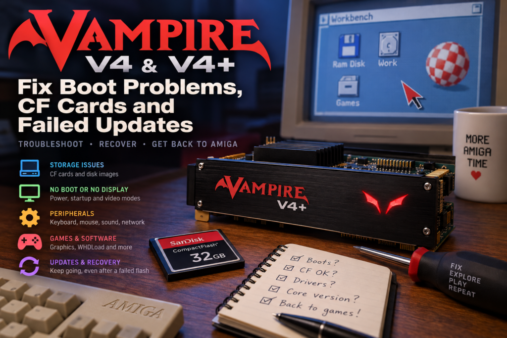 Vampire V4+ board, CompactFlash card and Amiga Workbench setup illustrating boot, storage, update and recovery troubleshooting.