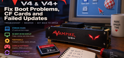 Vampire V4+ board, CompactFlash card and Amiga Workbench setup illustrating boot, storage, update and recovery troubleshooting.