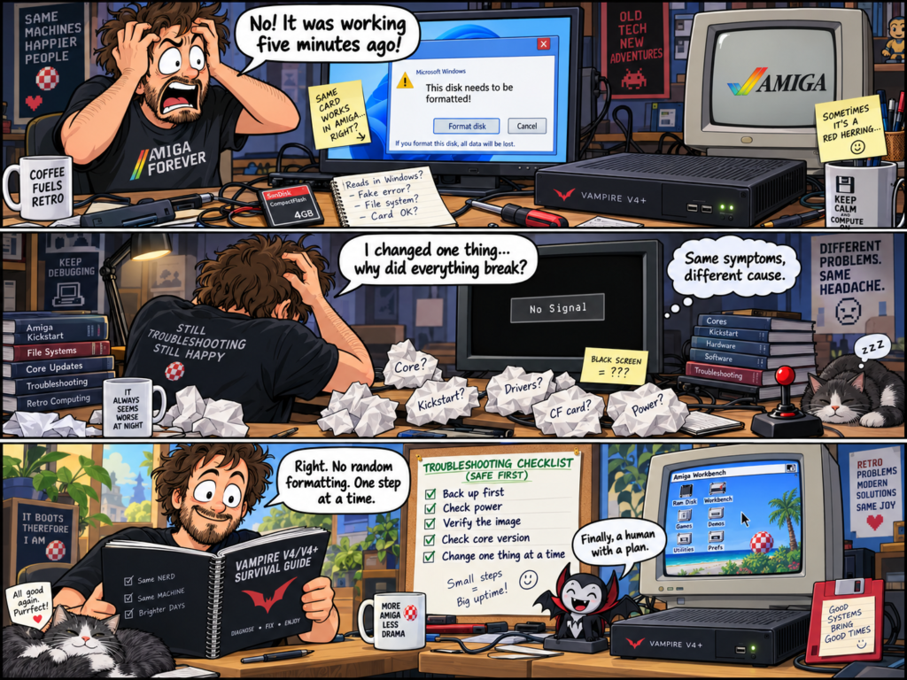 Three-panel comic showing a frustrated Vampire V4 user dealing with Windows format warnings, black screens and troubleshooting before finally restoring the Amiga system.
