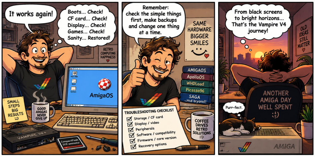 Three-panel comic showing a happy Vampire V4 user after fixing boot, CF card, display, software and firmware problems, ending with a working Amiga setup.