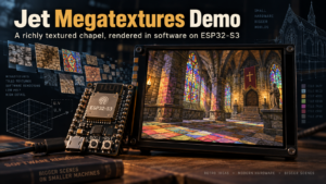 Illustrated ESP32-S3 board beside a display showing a stained-glass chapel, surrounded by floating texture tiles and wireframe graphics.