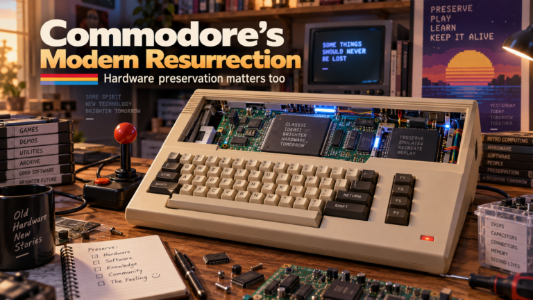Commodore-inspired beige computer with exposed circuitry, a red-ball joystick and repair tools on a warmly lit retro workbench.