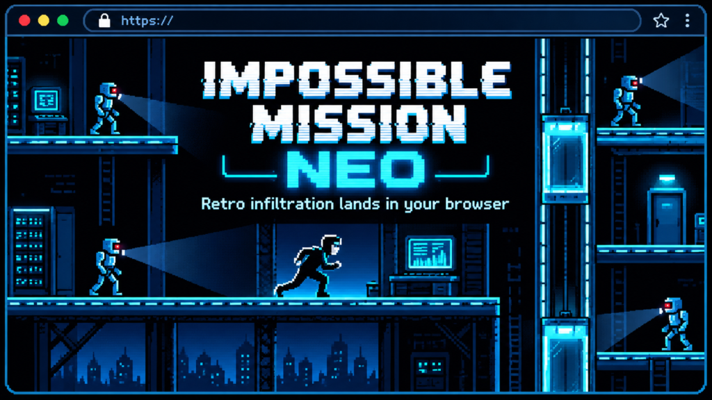 Pixel-art banner for Impossible Mission NEO showing an agent, robot guards and neon-blue platforms inside a browser-window frame.