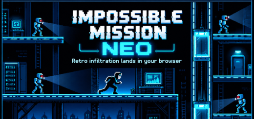 Pixel-art banner for Impossible Mission NEO showing an agent, robot guards and neon-blue platforms inside a browser-window frame.