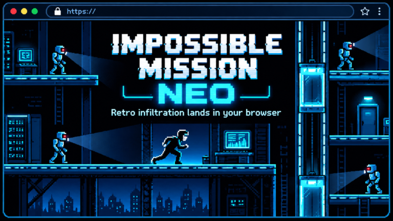 Pixel-art banner for Impossible Mission NEO showing an agent, robot guards and neon-blue platforms inside a browser-window frame.