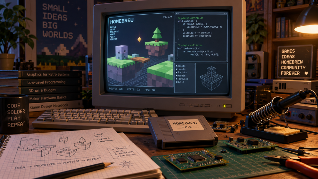 Retro development desk with a CRT showing a 3D game prototype and code, surrounded by circuit boards, a cartridge and sketches.
