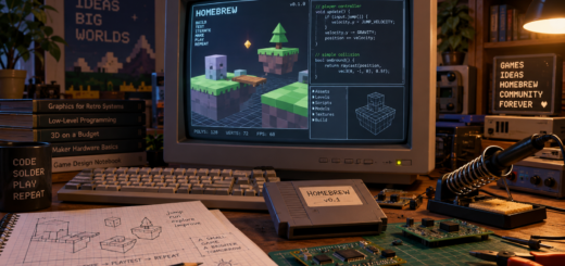 Retro development desk with a CRT showing a 3D game prototype and code, surrounded by circuit boards, a cartridge and sketches.