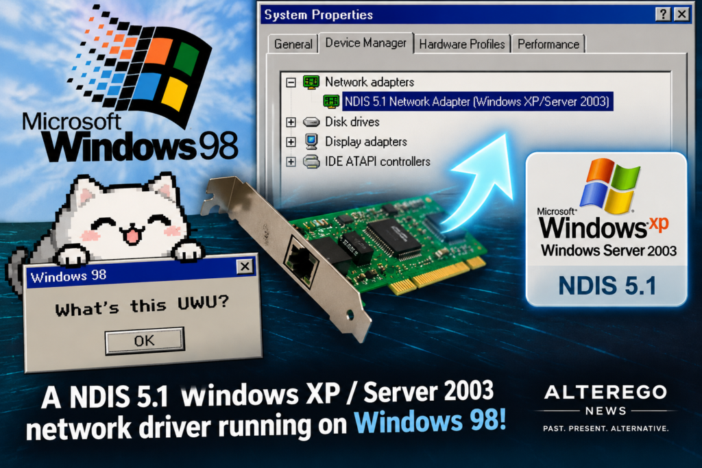 Retro illustration featuring an Ethernet card, Windows 98 and XP logos, a mock Device Manager window and a pixel-art cat.