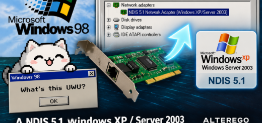 Retro illustration featuring an Ethernet card, Windows 98 and XP logos, a mock Device Manager window and a pixel-art cat.