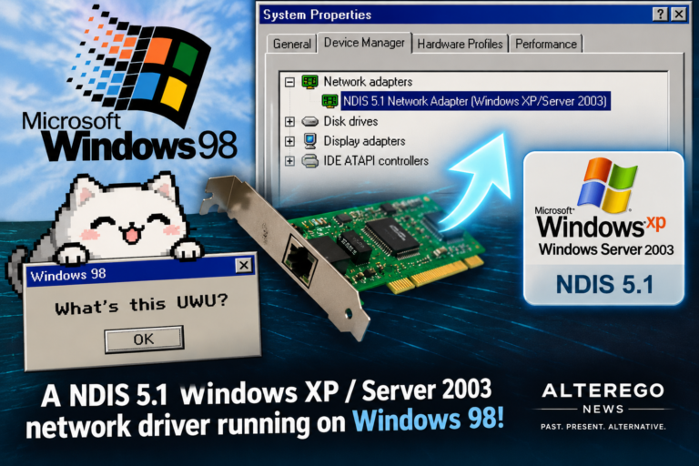 Retro illustration featuring an Ethernet card, Windows 98 and XP logos, a mock Device Manager window and a pixel-art cat.