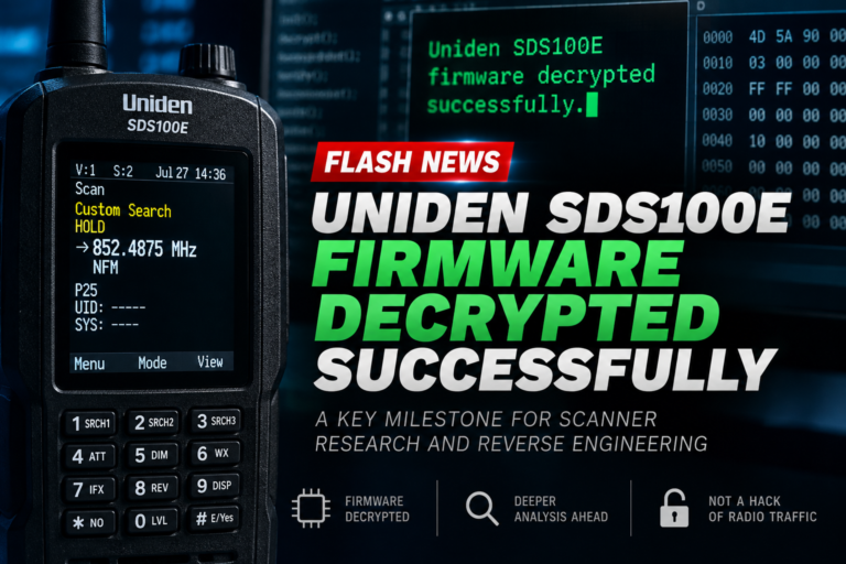 Illustrated Uniden SDS100E scanner beside green terminal code and a bold firmware decryption headline on a dark background.