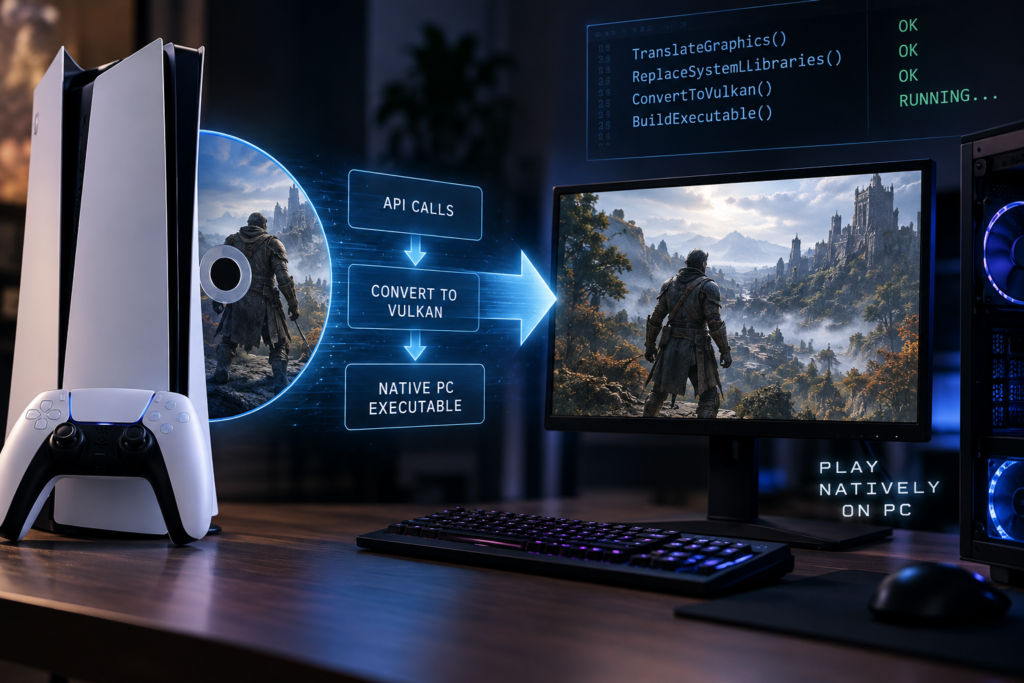 Glowing game scenes flow through an executable-conversion panel towards a desktop gaming PC displaying a mountain landscape.