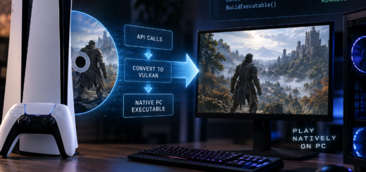 Glowing game scenes flow through an executable-conversion panel towards a desktop gaming PC displaying a mountain landscape.
