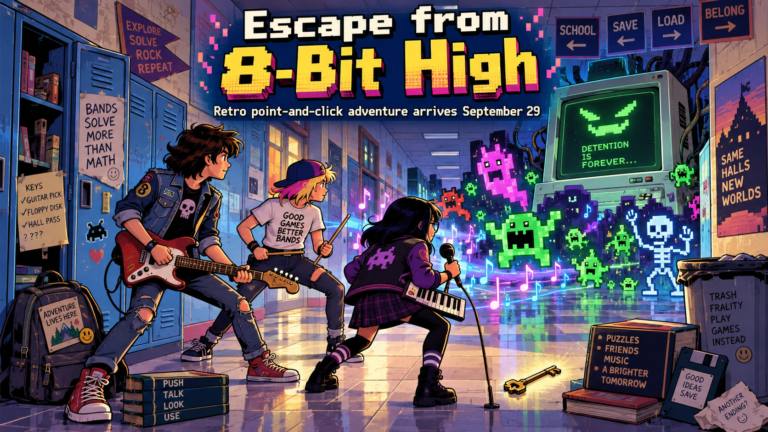 Escape from 8-Bit High illustration showing three musicians facing pixel monsters and an evil computer in a school hallway.
