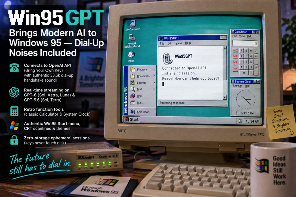 Beige CRT monitor showing a Win95GPT chat window, Calculator and clock on a Windows 95-style desktop, beside a dial-up modem.