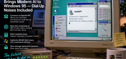 Beige CRT monitor showing a Win95GPT chat window, Calculator and clock on a Windows 95-style desktop, beside a dial-up modem.