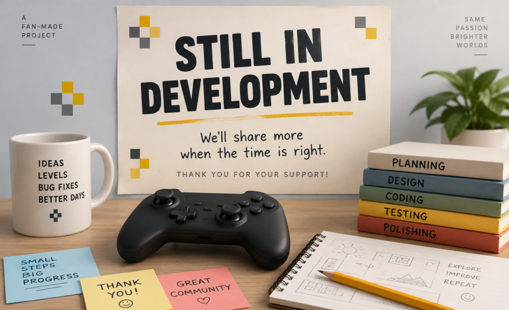 Illustrated desk with a generic controller, development-themed books and a poster reading “Still in Development.”
