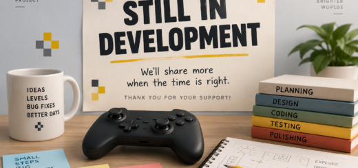 Illustrated desk with a generic controller, development-themed books and a poster reading “Still in Development.”